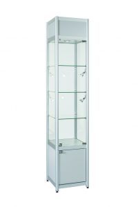 Aluminum display cabinet with single door, storage and top section
