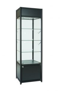 Aluminum display cabinet with single door, storage and top section