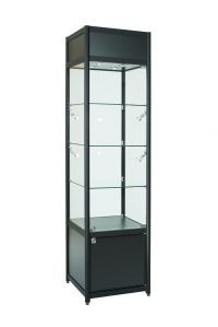 Aluminum display cabinet with single door, storage and top promotion canopy