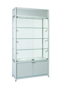 Aluminium Double Door Glass Display Cabinet With Storage & Top Section